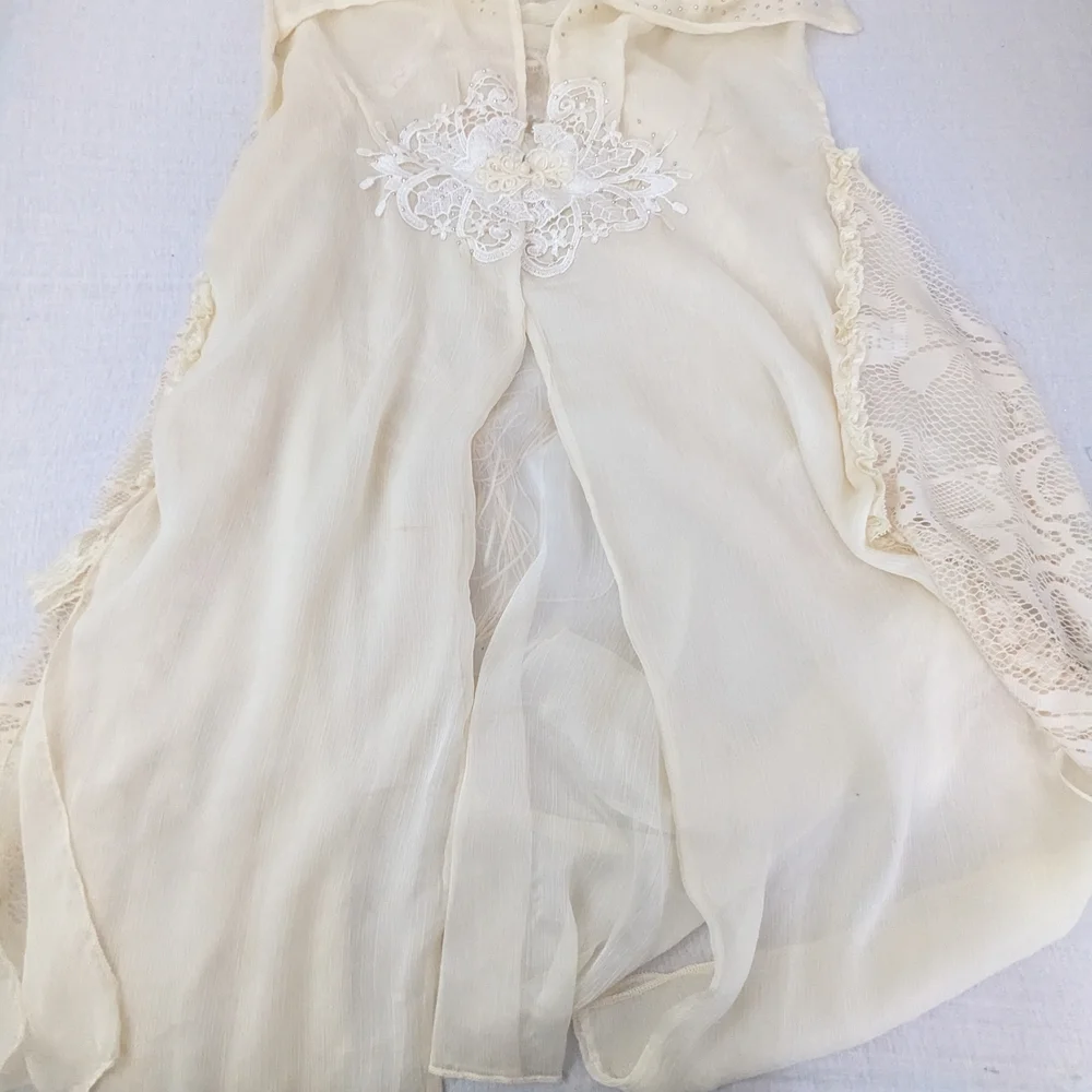 Pretty Angel Elegant Cream Sheer Duster Scarf w/Lace, Fringe & Bling Features OS
